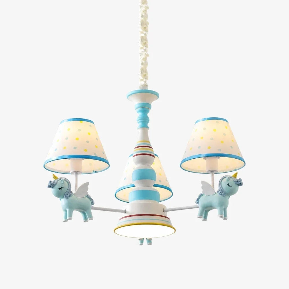 Blue kids room chandelier with three fabric shades