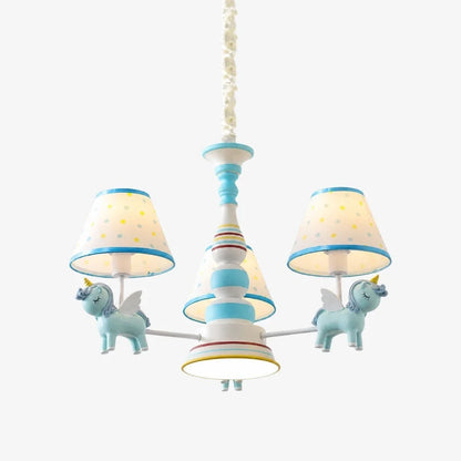 Blue kids room chandelier with three fabric shades