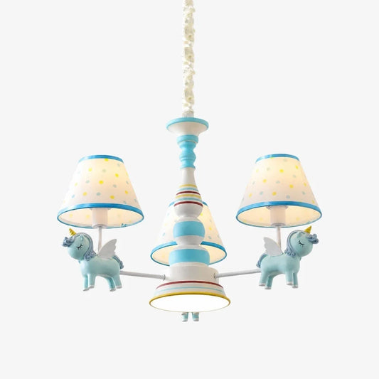 Blue kids room chandelier with three fabric shades