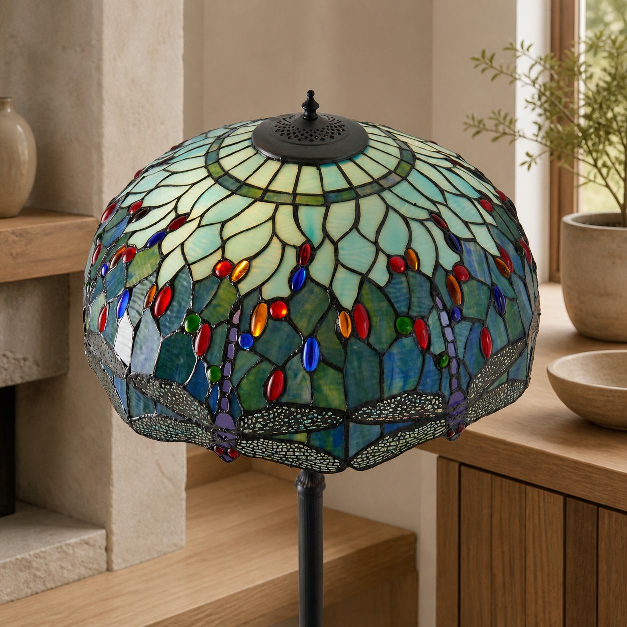 TF Dragonfly Motif Floor Lamp – Vintage Stained-Glass for Living Rooms
