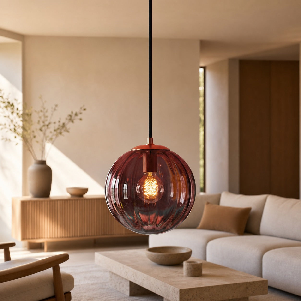 Lunorie Iron Metal Glass Globe Pendant Light – Sculpted Adjustable Pendant for Dining Spaces
