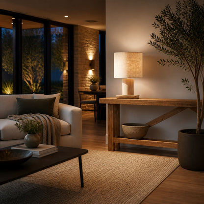 Linemora Simple Wooden Base Table Lamp - Natural Linen Cylindrical Shade for Living Rooms and Bedrooms