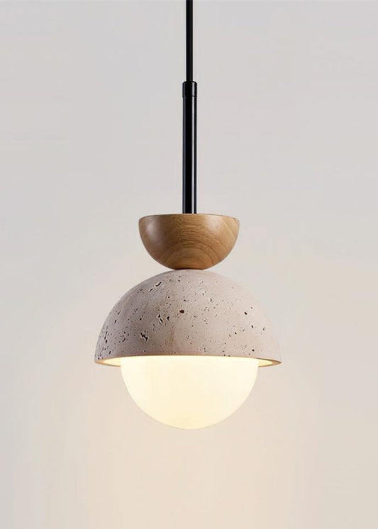 Modern Minimalist Hemisphere Travertine Wood Pendant Lamp